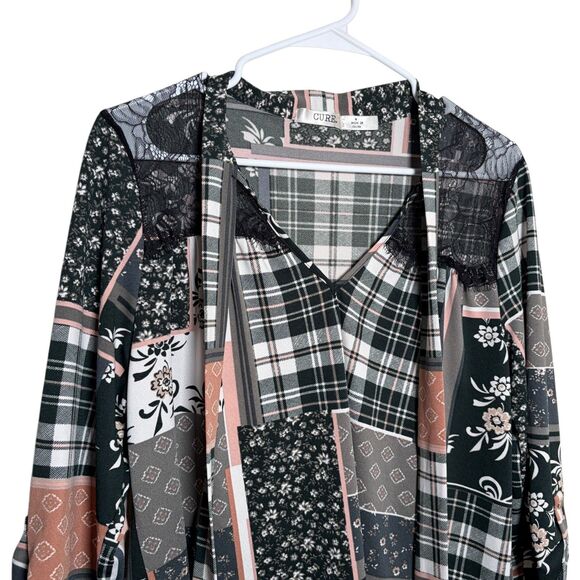 Cure Blouse Women's Medium V-Neck Patchwork 3/4 Sleeve Printed Shirt Top - Picture 2 of 10